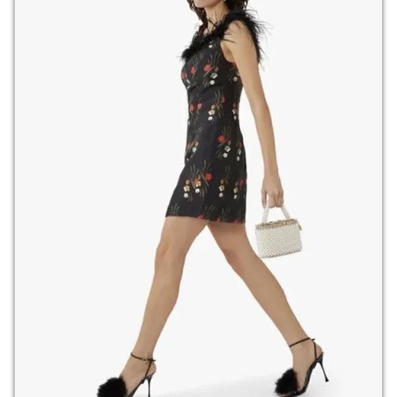 New Rixofloral-print feather-trim dress Sz-2 USA - Picture 1 of 15